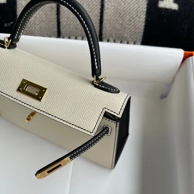 MINI KELLY II (20) EPSOM LEATHER HORSESHOE STAMP (HSS) BI-COLOR CRAIE & NOIR (BLACK) WITH GOLD HARDWARE (GHW) - 4