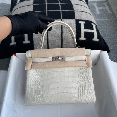 KELLY 25 MATTE MISSISSIPPIENSIS ALLIGATOR LEATHER BETON WITH PALLADIUM HARDWARE (PHW) - 2