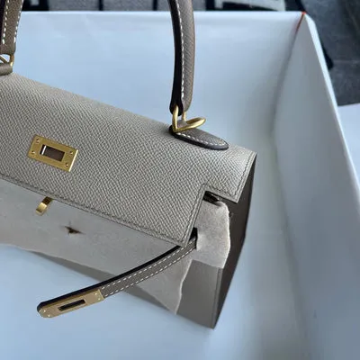 KELLY 25 EPSOM LEATHER HORSESHOE STAMP (HSS) BI-COLOR TRENCH & ETOUPE WITH BRUSHED GOLD HARDWARE (BGHW) - 6
