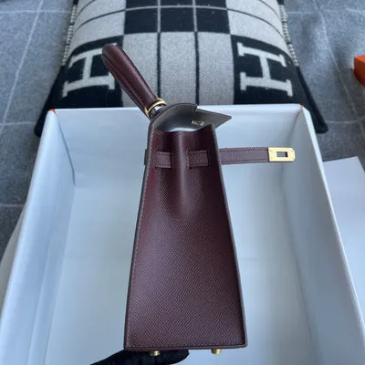 KELLY 25 EPSOM LEATHER HORSESHOE STAMP (HSS) BI-COLOR ETAIN & BORDEAUX WITH GOLD HARDWARE (GHW) - 4