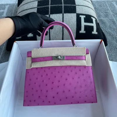 KELLY 25 OSTRICH LEATHER ROSE TYRIEN WITH PALLADIUM HARDWARE (PHW) - 3