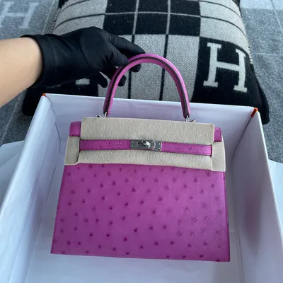 KELLY 25 OSTRICH LEATHER ROSE TYRIEN WITH PALLADIUM HARDWARE (PHW) - 4