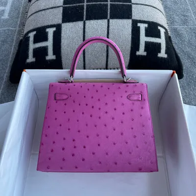 KELLY 25 OSTRICH LEATHER ROSE TYRIEN WITH PALLADIUM HARDWARE (PHW) - 2