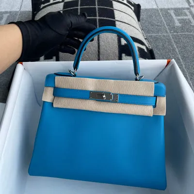 KELLY 28 SWIFT LEATHER BLEU ZANZIBAR WITH PALLADIUM HARDWARE (PHW) - 3
