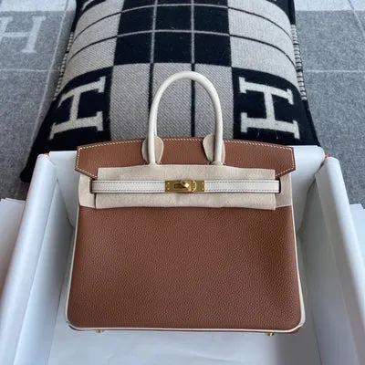 BIRKIN 25 TOGO LEATHER HORSESHOE STAMP (HSS) BI-COLOR CRAIE & GOLD WITH BRUSHED GOLD HARDWARE (BGHW) - 1