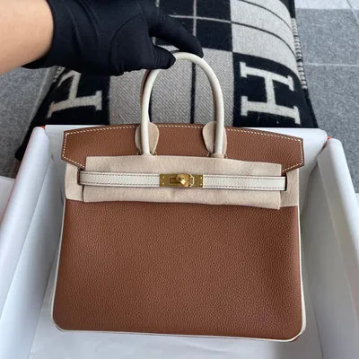 BIRKIN 25 TOGO LEATHER HORSESHOE STAMP (HSS) BI-COLOR CRAIE & GOLD WITH BRUSHED GOLD HARDWARE (BGHW) - 2