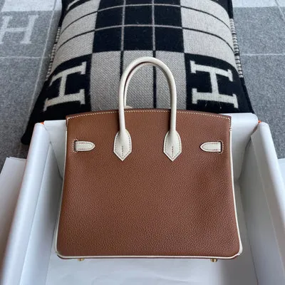 BIRKIN 25 TOGO LEATHER HORSESHOE STAMP (HSS) BI-COLOR CRAIE & GOLD WITH BRUSHED GOLD HARDWARE (BGHW) - 3