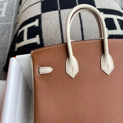 BIRKIN 25 TOGO LEATHER HORSESHOE STAMP (HSS) BI-COLOR CRAIE & GOLD WITH BRUSHED GOLD HARDWARE (BGHW) - 5