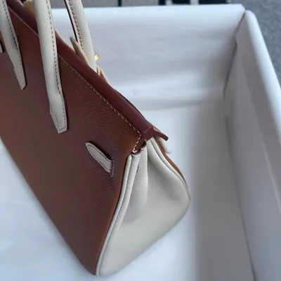 BIRKIN 25 TOGO LEATHER HORSESHOE STAMP (HSS) BI-COLOR CRAIE & GOLD WITH BRUSHED GOLD HARDWARE (BGHW) - 7