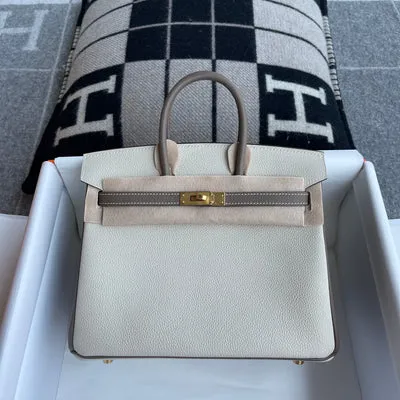 BIRKIN 25 TOGO LEATHER HORSESHOE STAMP (HSS) BI-COLOR CRAIE & ETAIN WITH BRUSHED GOLD HARDWARE (BGHW) - 1