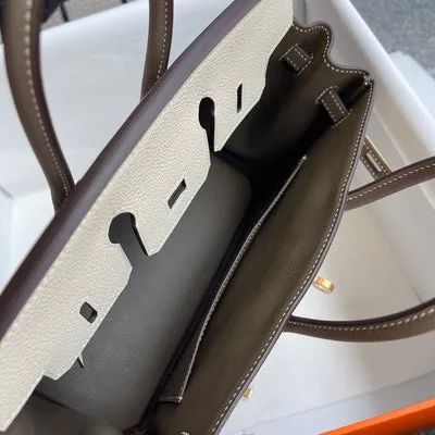 BIRKIN 25 TOGO LEATHER HORSESHOE STAMP (HSS) BI-COLOR CRAIE & ETAIN WITH BRUSHED GOLD HARDWARE (BGHW) - 4