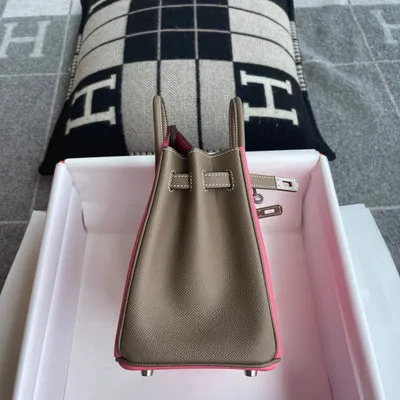 BIRKIN 25 TOGO LEATHER HORSESHOE STAMP (HSS) BI-COLOR ROSE AZALEE & ETOUPE WITH PALLADIUM HARDWARE (PHW) - 4