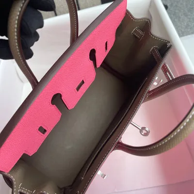 BIRKIN 25 TOGO LEATHER HORSESHOE STAMP (HSS) BI-COLOR ROSE AZALEE & ETOUPE WITH PALLADIUM HARDWARE (PHW) - 5