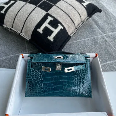 KELLY POCHETTE SHINY (LISSE) MISSISSIPPIENSIS ALLIGATOR LEATHER BLEU IZMIR WITH PALLADIUM HARDWARE (PHW) - 6