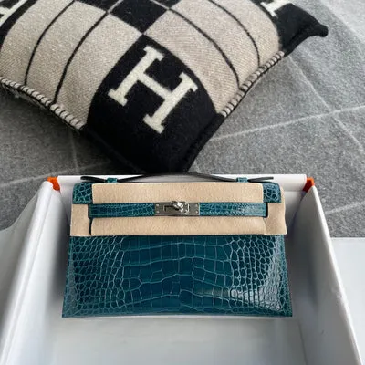 KELLY POCHETTE SHINY (LISSE) MISSISSIPPIENSIS ALLIGATOR LEATHER BLEU IZMIR WITH PALLADIUM HARDWARE (PHW) - 1