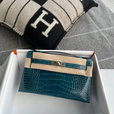 KELLY POCHETTE SHINY (LISSE) MISSISSIPPIENSIS ALLIGATOR LEATHER BLEU IZMIR WITH PALLADIUM HARDWARE (PHW) - 2