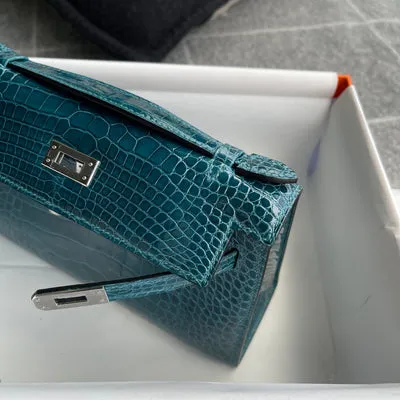 KELLY POCHETTE SHINY (LISSE) MISSISSIPPIENSIS ALLIGATOR LEATHER BLEU IZMIR WITH PALLADIUM HARDWARE (PHW) - 7