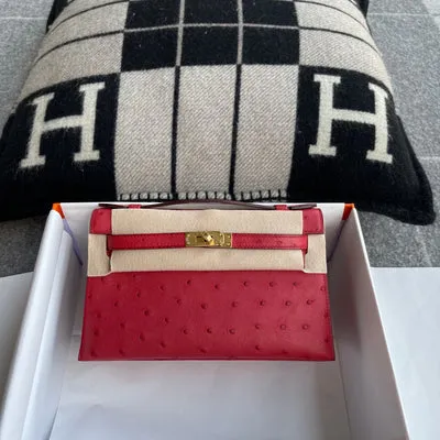 KELLY POCHETTE OSTRICH LEATHER ROUGE VIF WITH GOLD HARDWARE (GHW) - 1