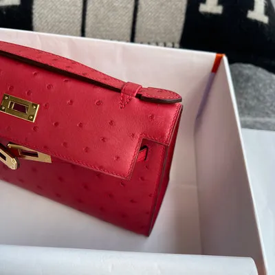 KELLY POCHETTE OSTRICH LEATHER ROUGE VIF WITH GOLD HARDWARE (GHW) - 4