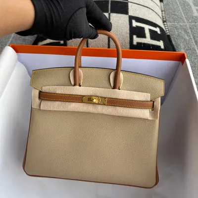 BIRKIN 25 TOGO LEATHER HORSESHOE STAMP (HSS) BI-COLOR TRENCH & GOLD WITH GOLD HARDWARE (GHW) - 1
