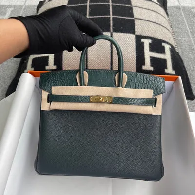 BIRKIN 25 TOUCH MATTE MISSISSIPPIENSIS ALLIGATOR LEATHER & TOGO LEATHER VERT CYPRES WITH GOLD HARDWARE (GHW) - 3