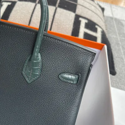 BIRKIN 25 TOUCH MATTE MISSISSIPPIENSIS ALLIGATOR LEATHER & TOGO LEATHER VERT CYPRES WITH GOLD HARDWARE (GHW) - 6
