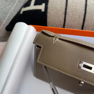 KELLY POCHETTE SWIFT LEATHER ETOUPE WITH PALLADIUM HARDWARE (PHW) - 5