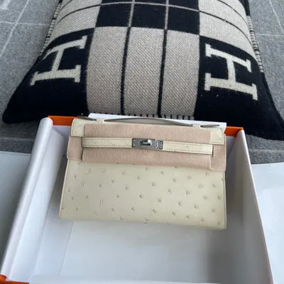 KELLY POCHETTE OSTRICH LEATHER PARCHEMIN WITH PALLADIUM HARDWARE (PHW) - 3