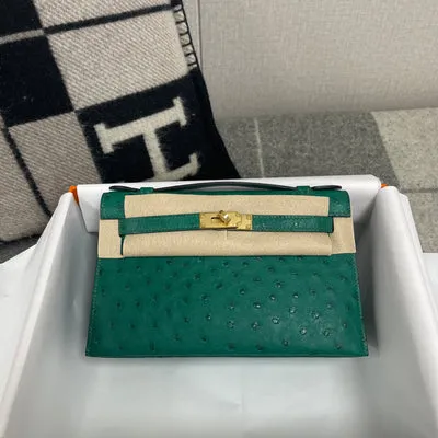 KELLY POCHETTE OSTRICH LEATHER VERT VERTIGO WITH GOLD HARDWARE (GHW) - 1