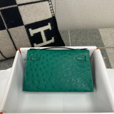 KELLY POCHETTE OSTRICH LEATHER VERT VERTIGO WITH GOLD HARDWARE (GHW) - 2