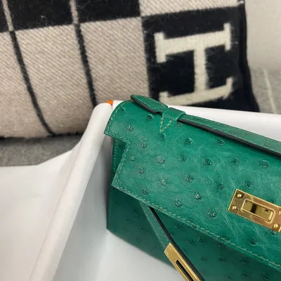 KELLY POCHETTE OSTRICH LEATHER VERT VERTIGO WITH GOLD HARDWARE (GHW) - 3