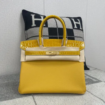 BIRKIN 30 TOUCH SHINY (LISSE) MISSISSIPPIENSIS ALLIGATOR LEATHER & TOGO LEATHER JAUNE AMBRE WITH GOLD HARDWARE (GHW) - 1
