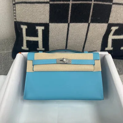 KELLY POCHETTE SWIFT LEATHER BLEU PAON WITH PALLADIUM HARDWARE (PHW) - 1