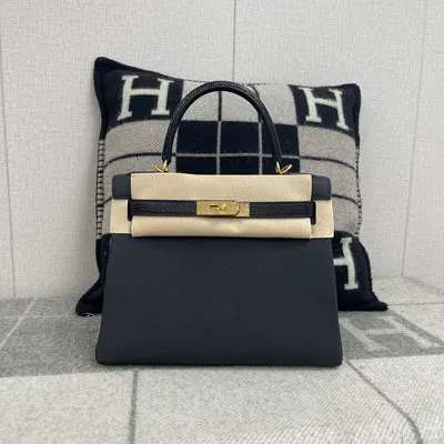 KELLY 28 TOUCH TOGO LEATHER & LIZARD LEATHER NOIR (BLACK) HANDLE WITH GOLD HARDWARE (GHW) - 1