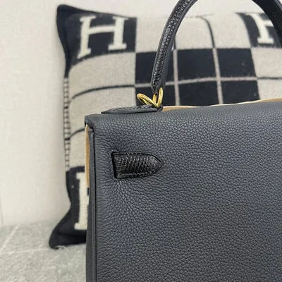 KELLY 28 TOUCH TOGO LEATHER & LIZARD LEATHER NOIR (BLACK) HANDLE WITH GOLD HARDWARE (GHW) - 6