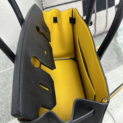 BIRKIN 25 CHEVRE LEATHER HORSESHOE STAMP (HSS) BI-COLOR NOIR (BLACK) & JAUNE AMBRE GOLD HARDWARE (GHW) - 7