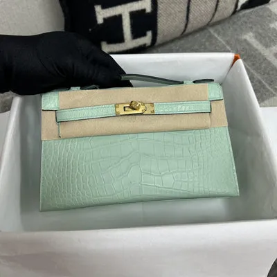 KELLY POCHETTE MATTE MISSISSIPPIENSIS ALLIGATOR LEATHER VERT D'EAU WITH GOLD HARDWARE (GHW) - 3