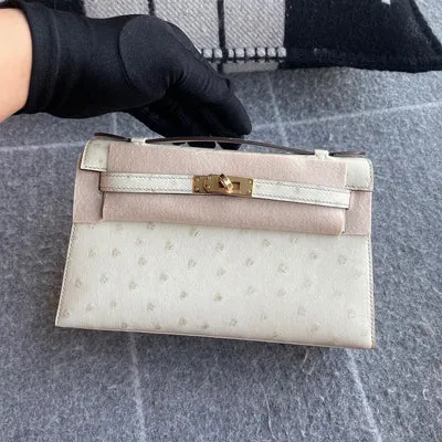 KELLY POCHETTE OSTRICH LEATHER PARCHEMIN (3C) WITH GOLD HARDWARE (GHW) - 2