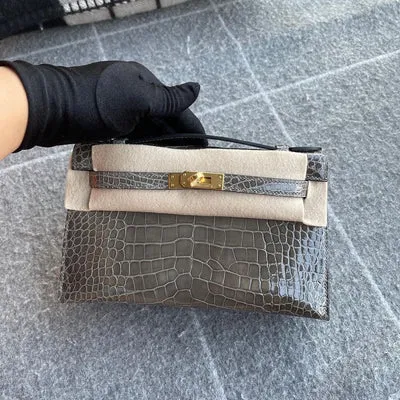 KELLY POCHETTE SHINY MISSISSIPPIENSIS ALLIGATOR LEATHER GRIS TOURTERELLE WITH GOLD HARDWARE (GHW) - 1