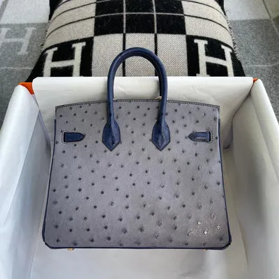 BIRKIN 25 OSTRICH LEATHER HORSESHOE STAMP (HSS) BI-COLOR GRIS AGATE & BLEU IRIS GOLD HARDWARE (GHW) - 2