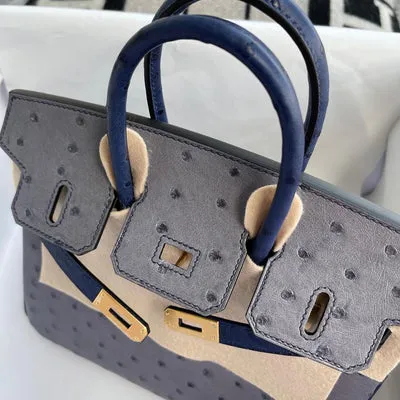 BIRKIN 25 OSTRICH LEATHER HORSESHOE STAMP (HSS) BI-COLOR GRIS AGATE & BLEU IRIS GOLD HARDWARE (GHW) - 3