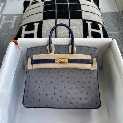 BIRKIN 25 OSTRICH LEATHER HORSESHOE STAMP (HSS) BI-COLOR GRIS AGATE & BLEU IRIS GOLD HARDWARE (GHW) - 1