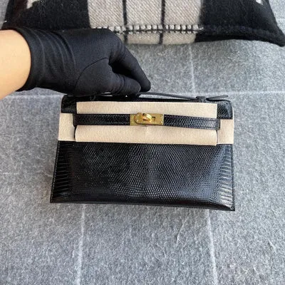 KELLY POCHETTE NOIR (BLACK) LIZARD (LÉZARD) WITH GOLD HARDWARE (GHW) - 1