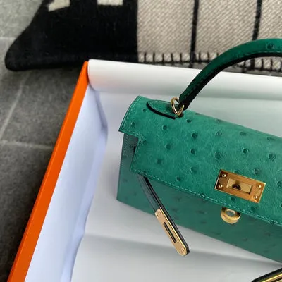 MINI KELLY II (20) OSTRICH LEATHER VERT VERTIGO WITH GOLD HARDWARE (GHW) - 2