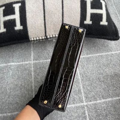 MINI KELLY II (20) SHINY MISSISSIPPIENSIS ALLIGATOR LEATHER NOIR (BLACK) WITH GOLD HARDWARE (GHW) - 7