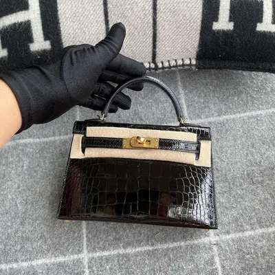 MINI KELLY II (20) SHINY MISSISSIPPIENSIS ALLIGATOR LEATHER NOIR (BLACK) WITH GOLD HARDWARE (GHW) - 3