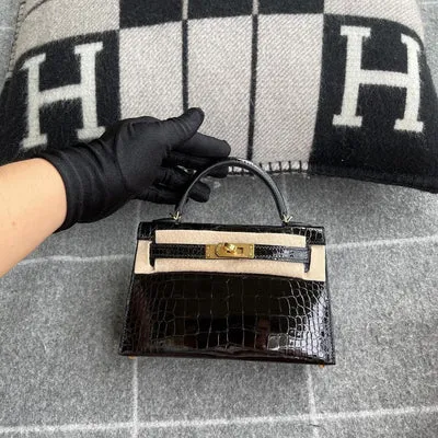 MINI KELLY II (20) SHINY MISSISSIPPIENSIS ALLIGATOR LEATHER NOIR (BLACK) WITH GOLD HARDWARE (GHW) - 1
