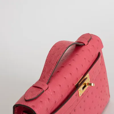 KELLY POCHETTE OSTRICH LEATHER ROSE TYRIEN WITH GOLD HARDWARE (GHW) - 4