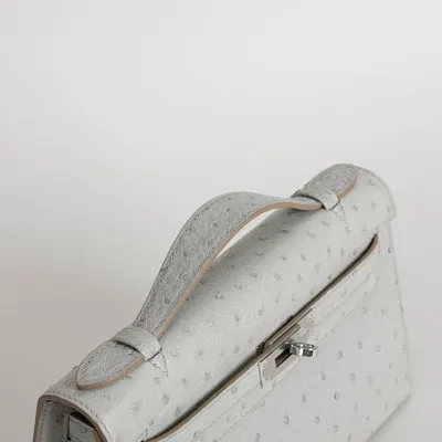 KELLY POCHETTE OSTRICH LEATHER GRIS PERLE WITH PALLADIUM HARDWARE (PHW) - 5