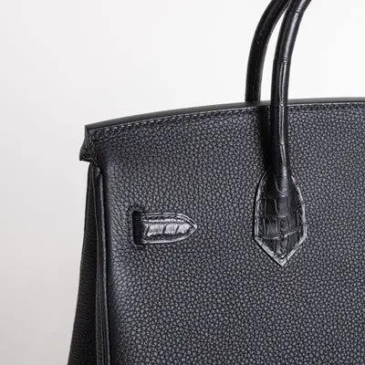 BIRKIN 25 TOUCH MATTE MISSISSIPPIENSIS ALLIGATOR LEATHER & TOGO LEATHER NOIR (BLACK) WITH GOLD HARDWARE (GHW) - 5